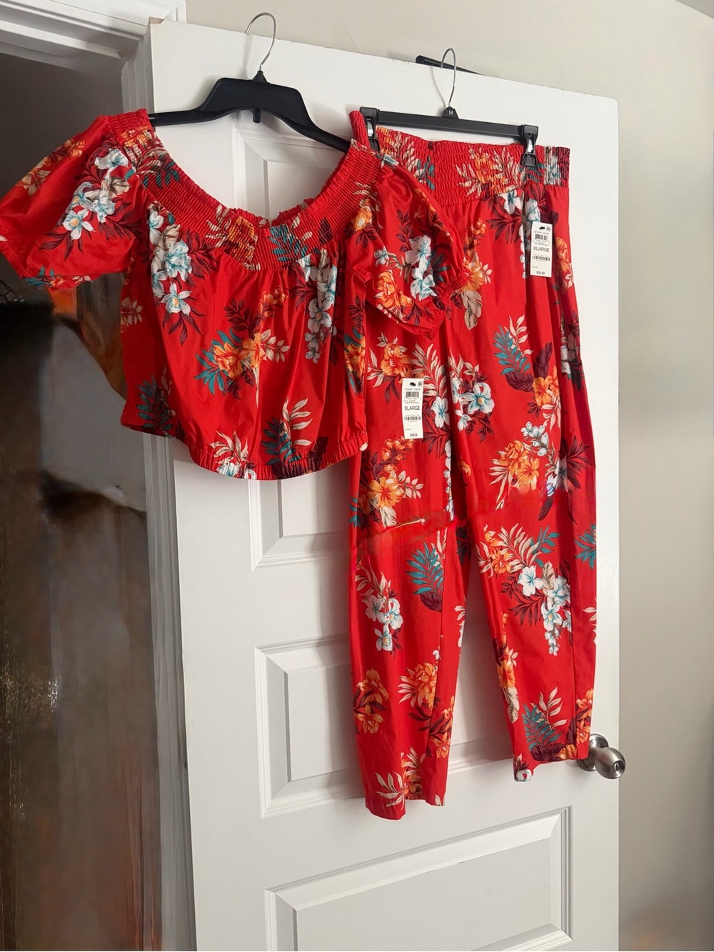 INC International Concepts Red Floral Off-Shoulder Top & Pant.